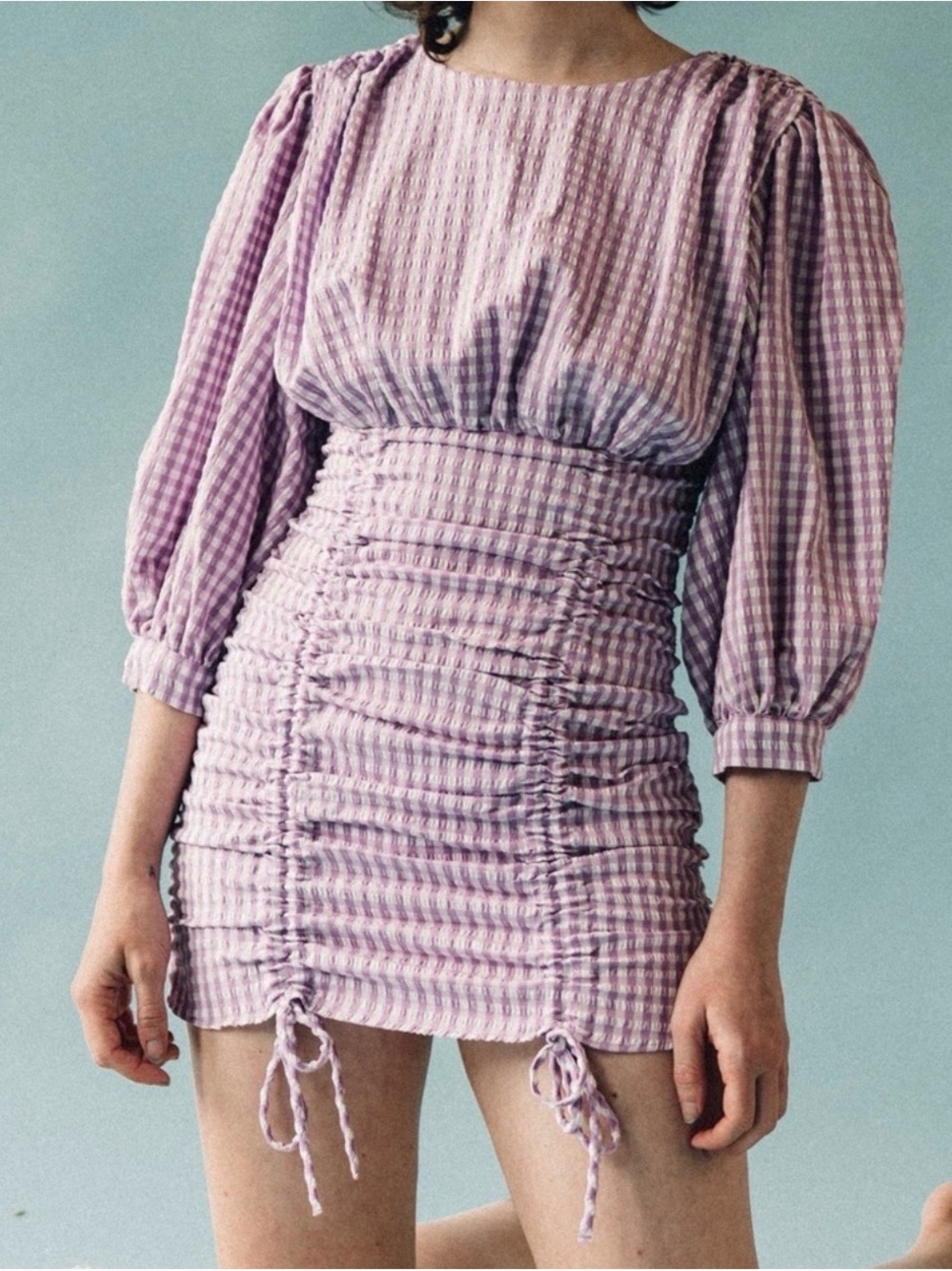 Zara Purple Gingham Puff Sleeve Ruched Dress